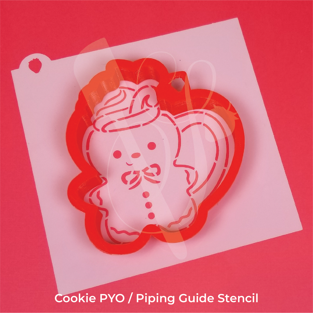 Sugartess 3-D printed red cookie cutter and stencil of a holiday gingerbread man topped with a dollop pf cream and a candy cane.