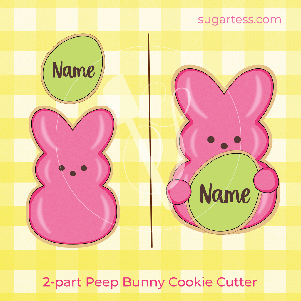 Sugartess custom 2-part cookie cutter in shape of a pink Easter bunny Peep candy holding an egg.
