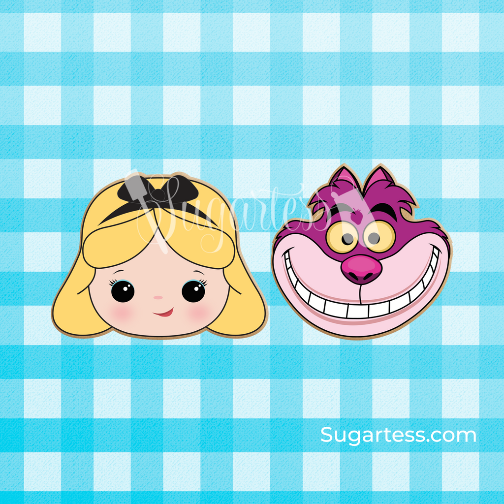Sugartess custom cookie cutter in shape of cute Alice in Wonderland and the Cheshire cat heads.