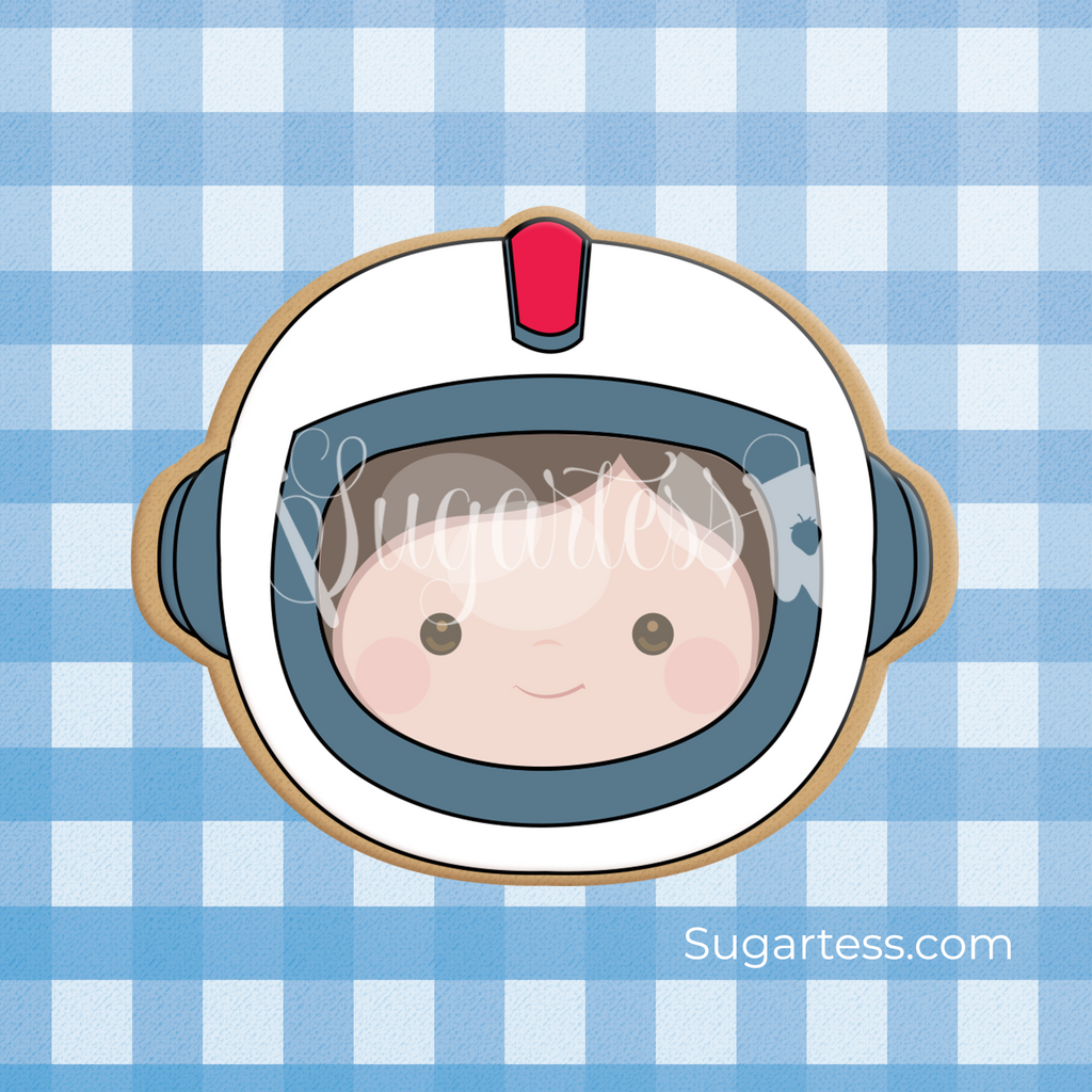 Sugartess custom cookie cutter in shape of an astronaut's helmet.
