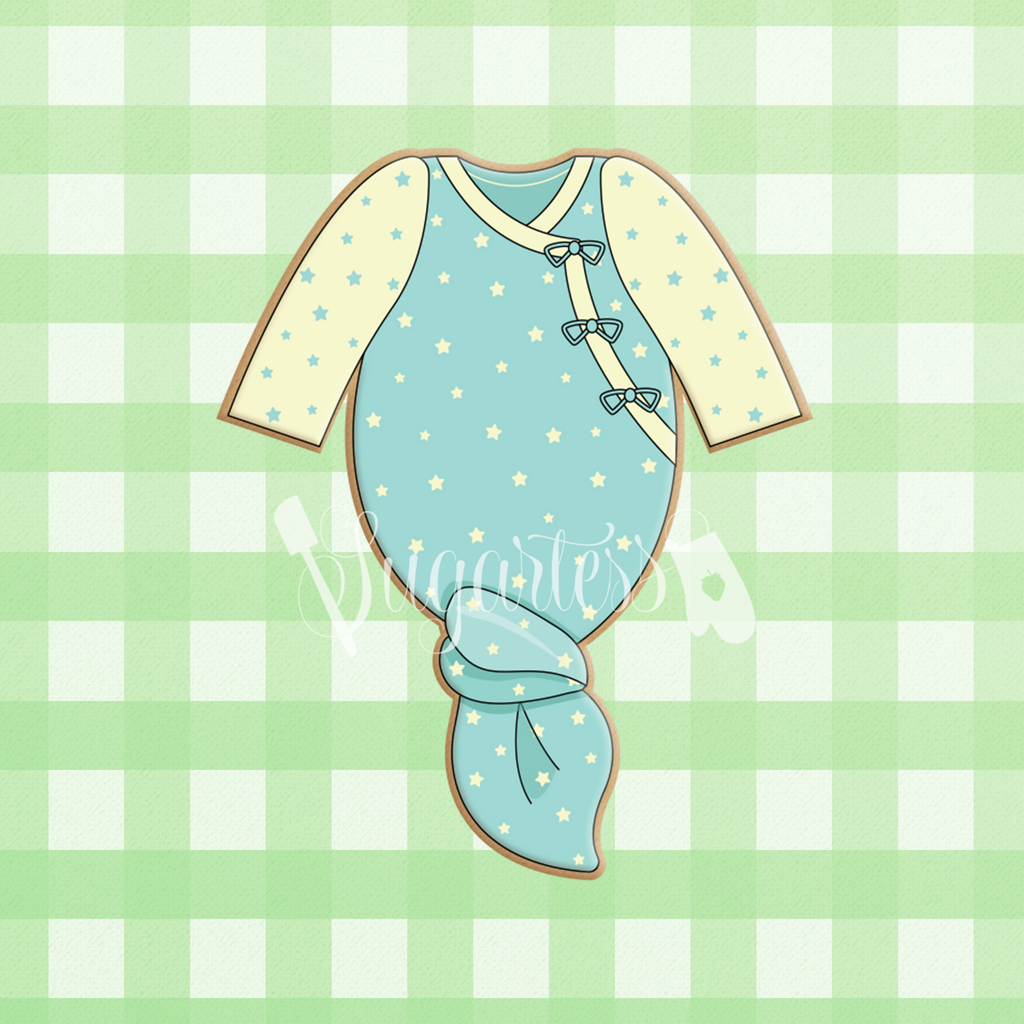 Sugartess custom cookie cutter in shape of baby knotted onesie pajama.
