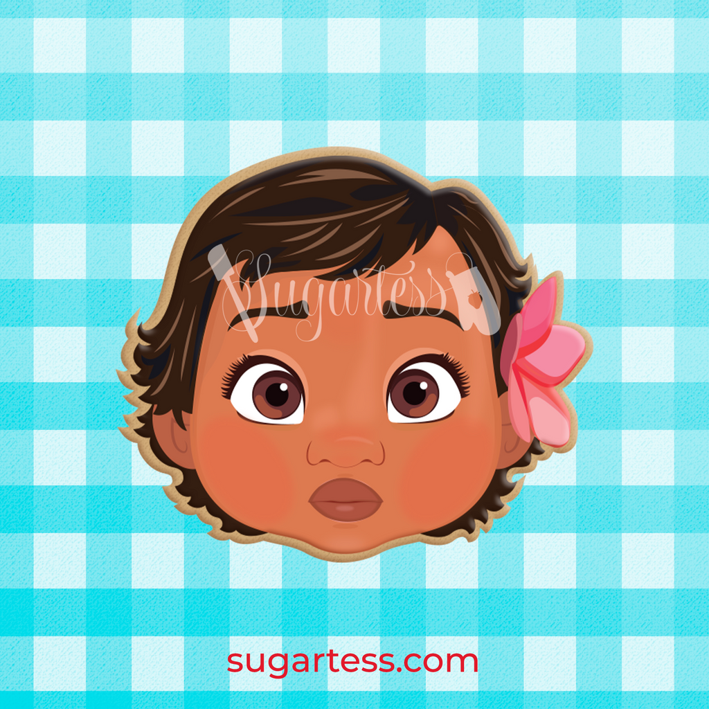 Sugartess custom cookie cutter in shape of Moana baby Polynesian princess head.