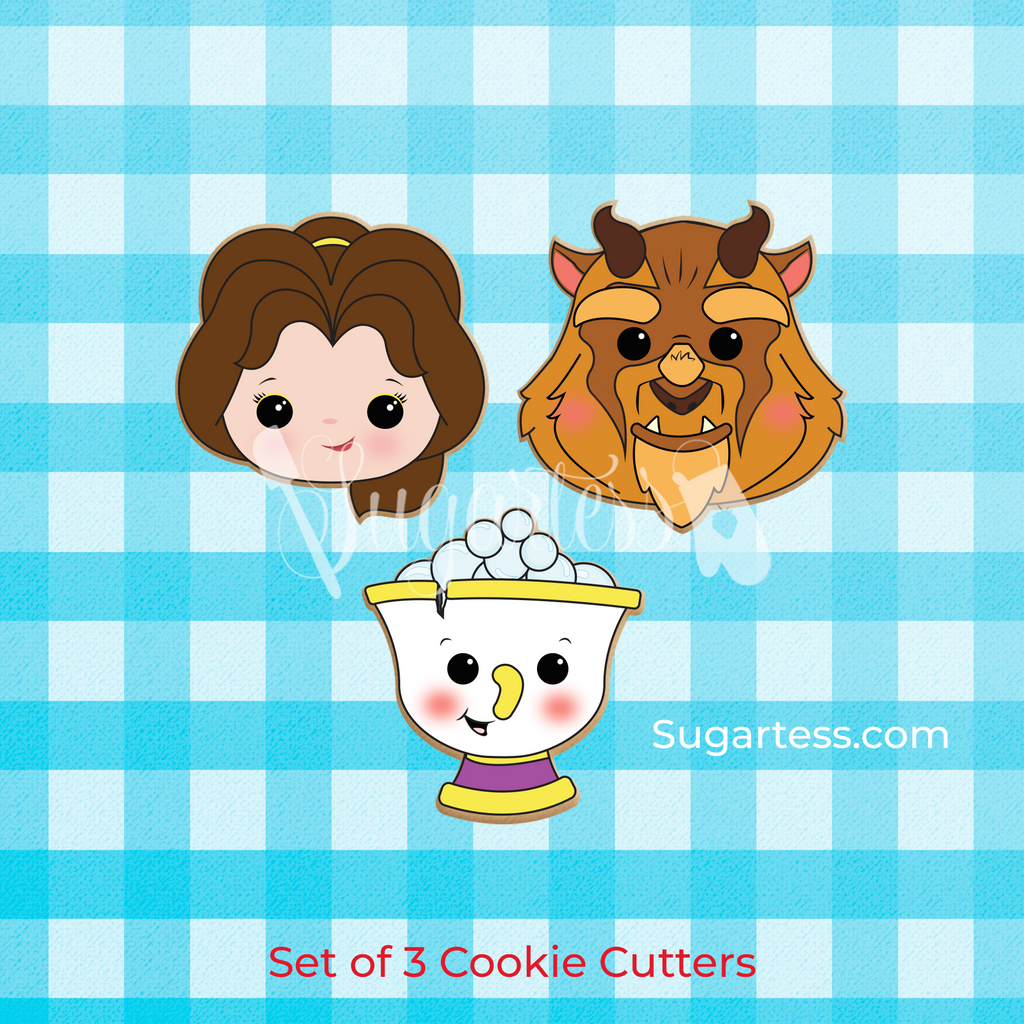 Sugartess custom cookie cutters in shape of princess Belle, the Beast, and Chip the teacup.