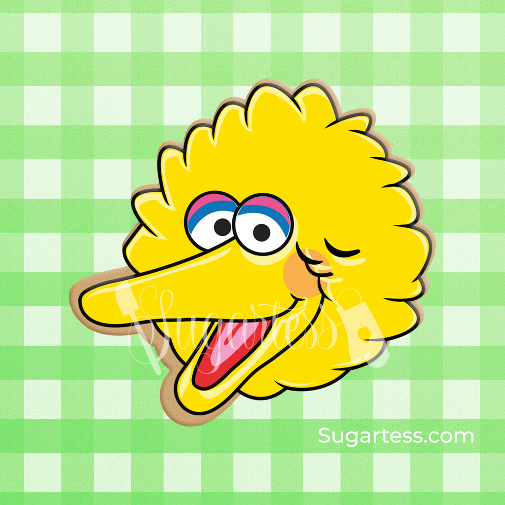 Sugartess custom cookie cutter in shape of Sesame Street's Yellow Big Bird head.