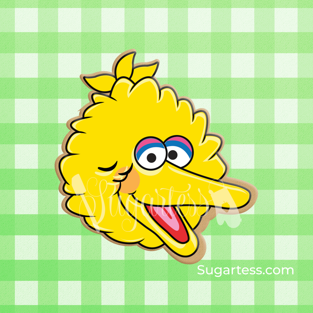 Sugartess custom cookie cutter in shape of Sesame Street's yellow Big Bird head.
