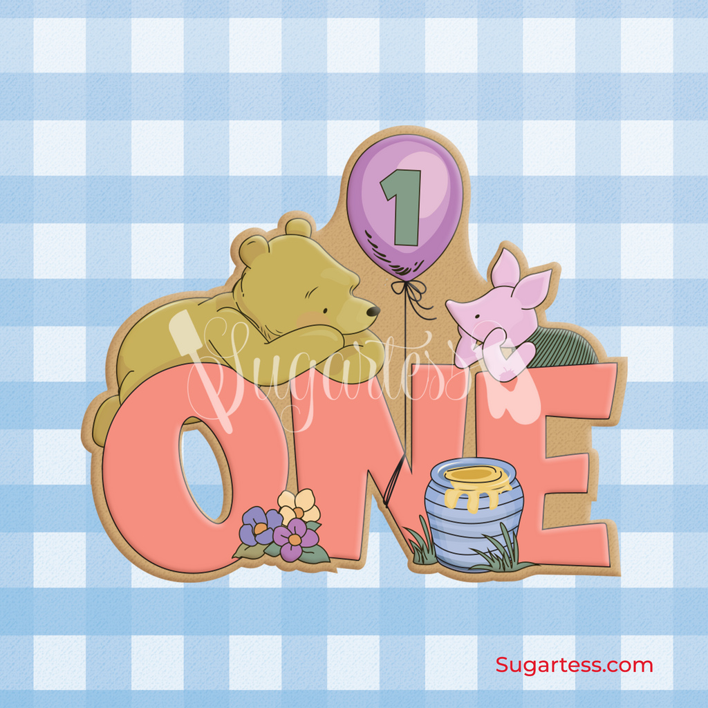 Sugartess custom cookie cutter in shape of vintage classic Winnie The Pooh Bear and Piglet over birthday one word with  balloon.
