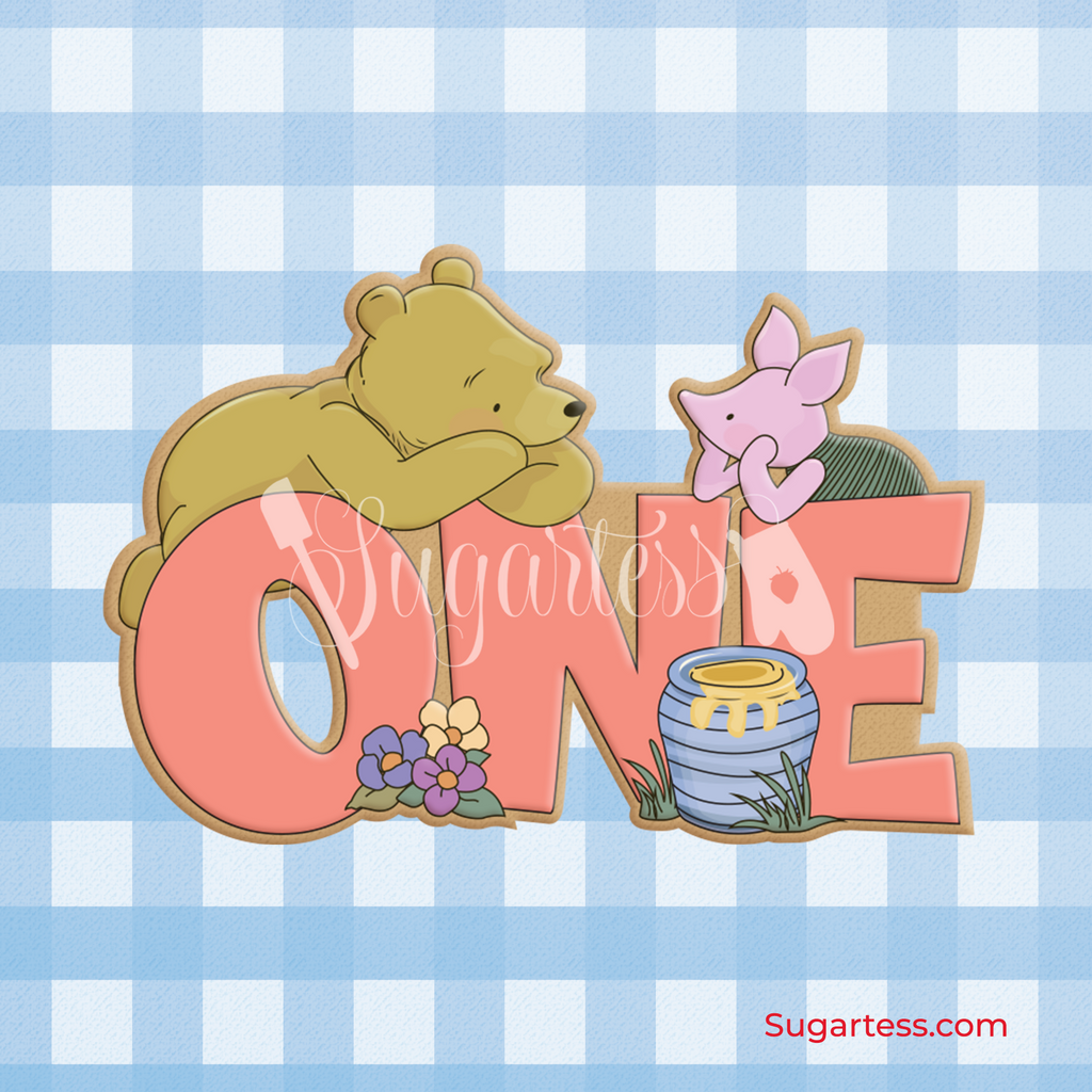 Sugartess custom cookie cutter in shape of vintage classic Winnie The Pooh Bear and Piglet over birthday one word.