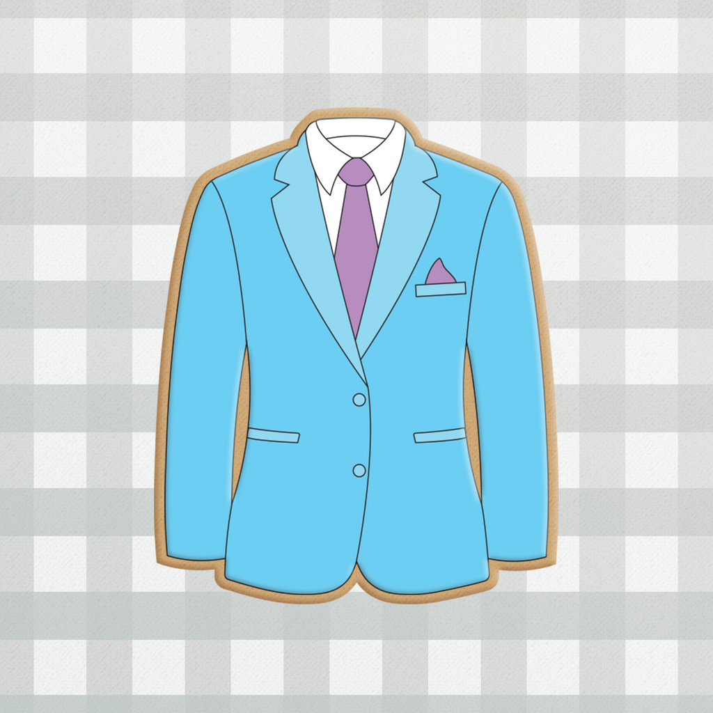 Sugartess custom cookie cutter in shape of a men's fashion blue blazer suit jacket or coat.