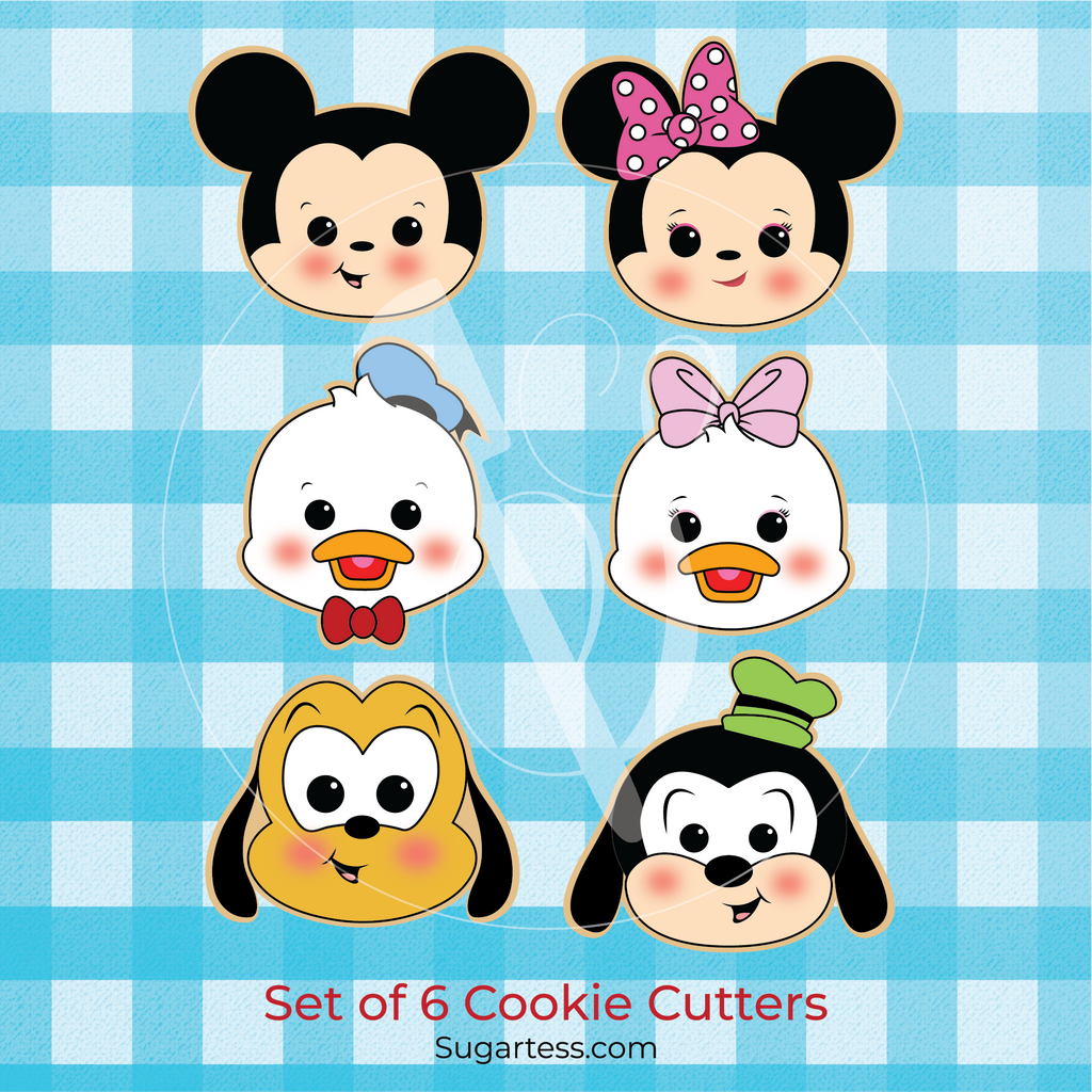 Sugartess custom cookie cutter set of 6 famous cartoon characters: mouse boy, mouse girl, duck boy, duck girl, goofy dog, and pet dog.