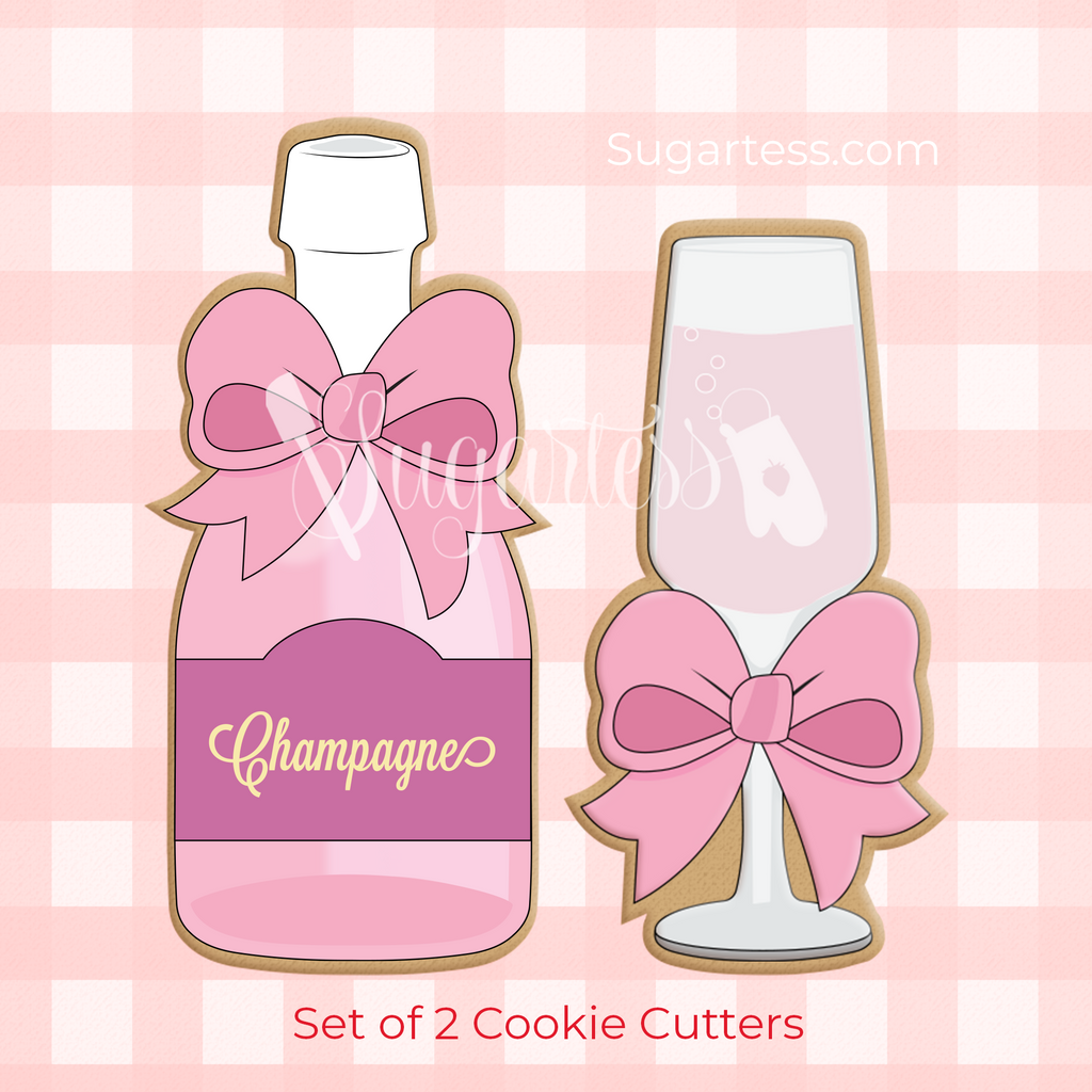 Sugartess custom cookie cutter set of 2 in shape of a pink champagne bottle with bow and a flute glass with bow.