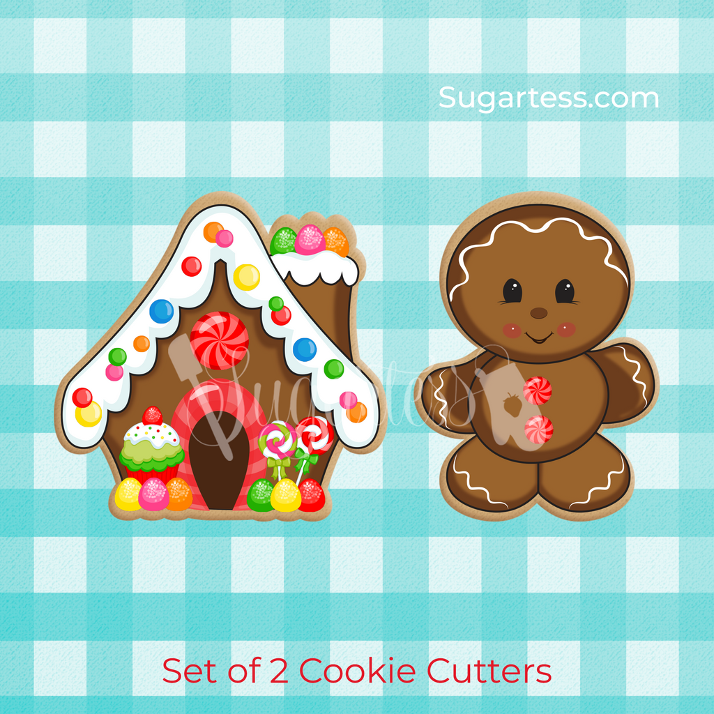 Sugartess custom Christmas cookie cutter set of 2 in shape of a gingerbread man and gingerbread house.