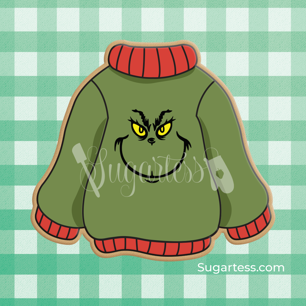 Sugartess custom cookie cutter in shape of a chunky knit sweater or holiday ugly sweater.