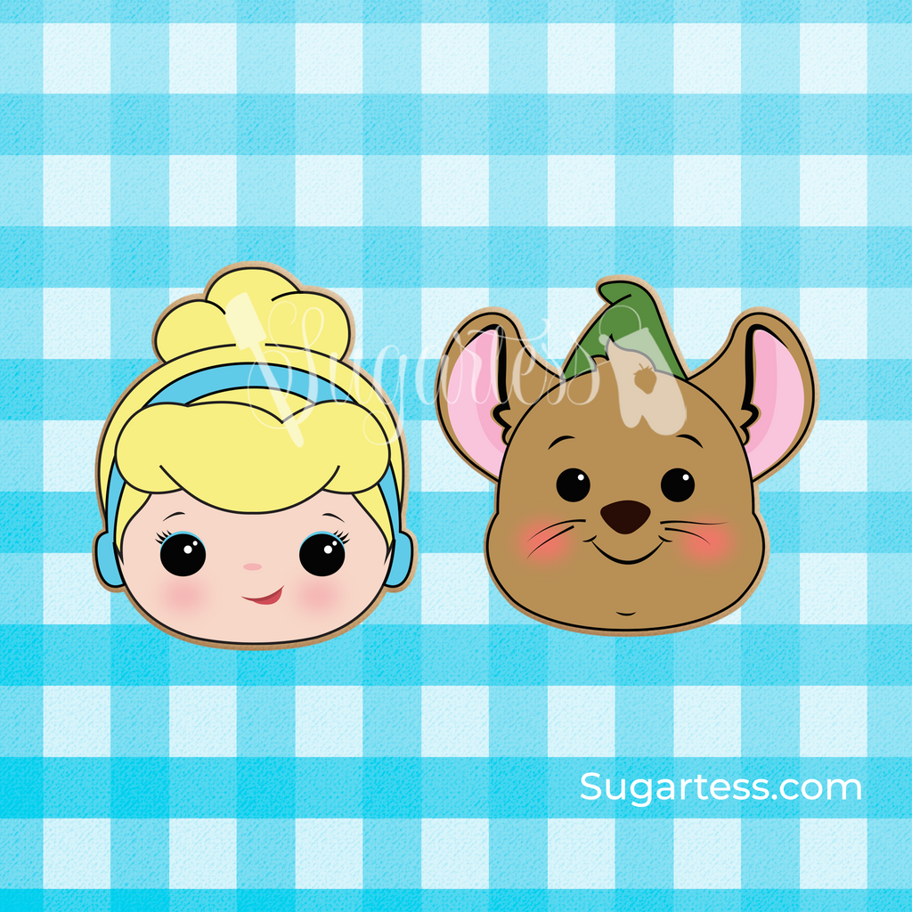 Sugartess custom cookie cutter in shape of cartoon princess Cinderella and house mouse heads.