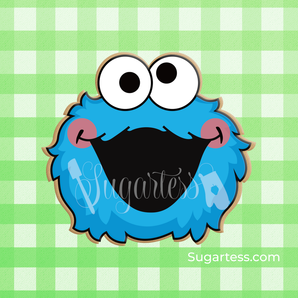 Sugartess custom cookie cutter in shape of Sesame Street's character head of Cookie Monster.