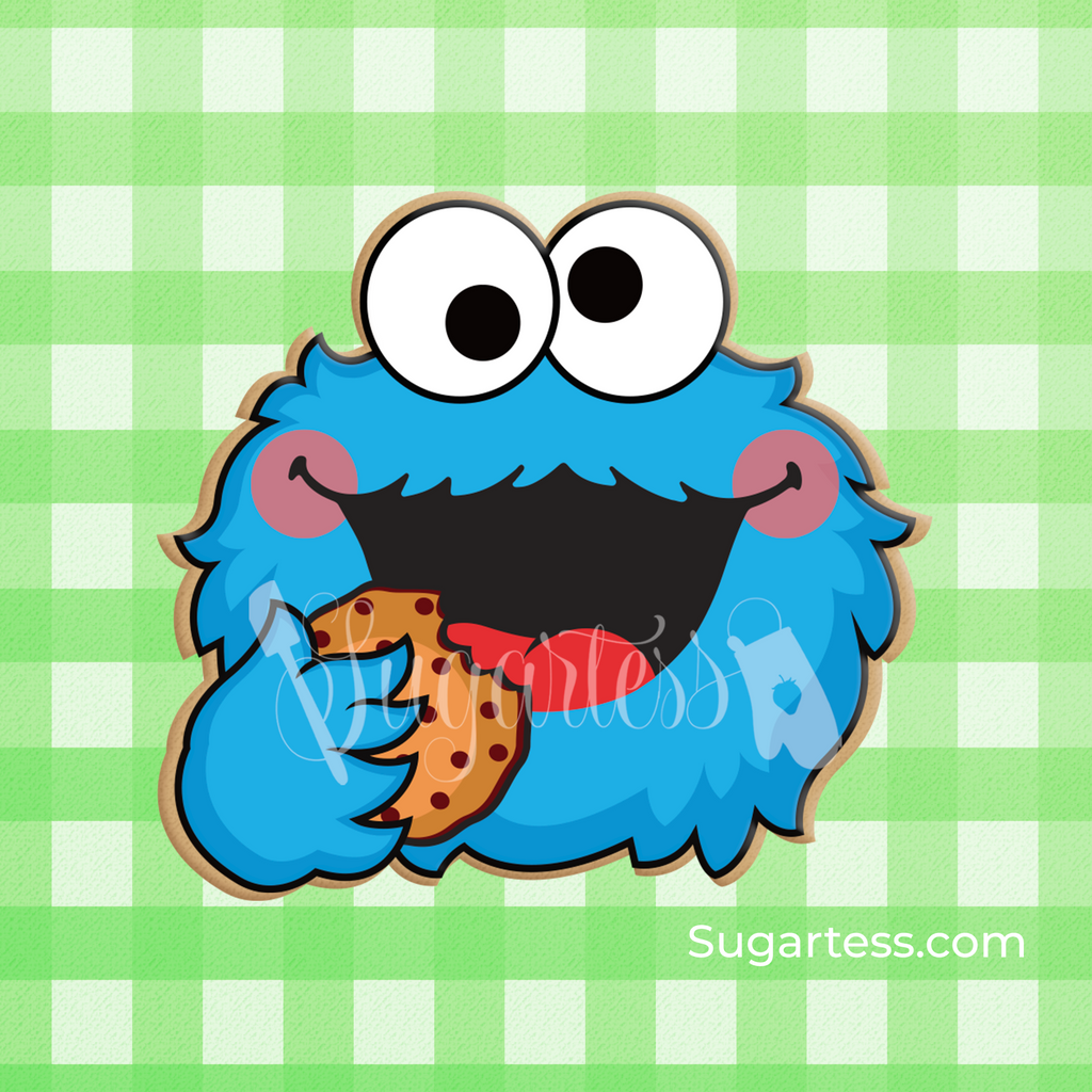 Sugartess custom cookie cutter in shape of Sesame Street's  Cookie Monster eating a cookie.