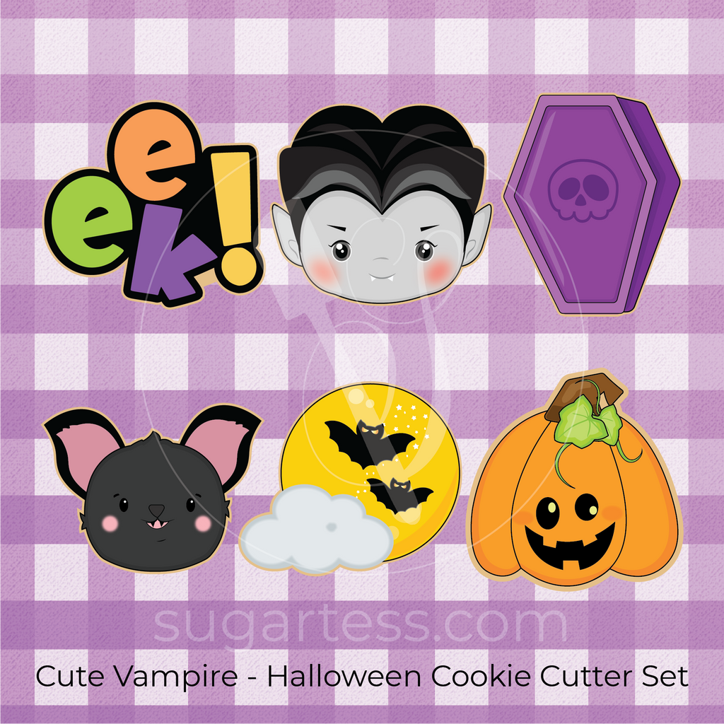 Sugartess custom Halloween cookie cutter set of six in shape of: Eek! word, vampire head, coffin, bat head, full moon and cloud, and carved pumpkin.