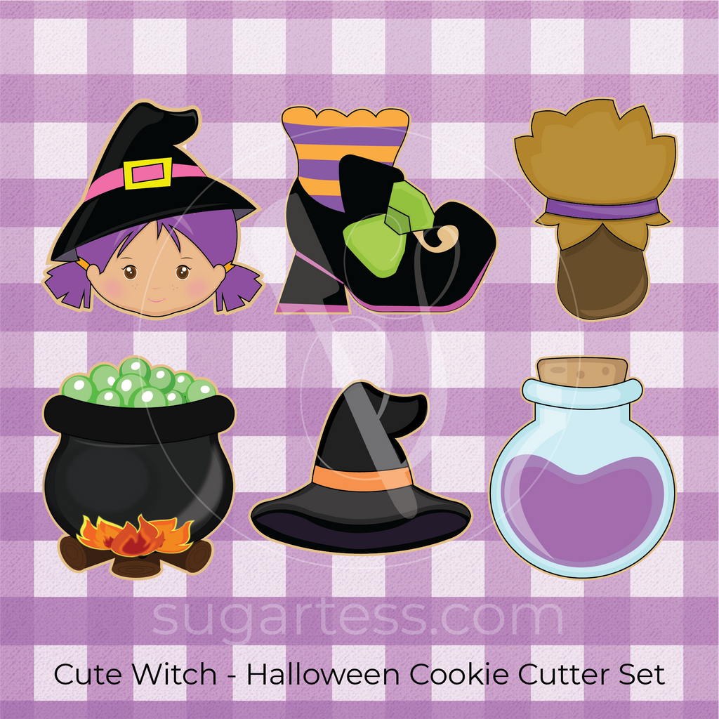 Sugartess custom Halloween cookie cutter set of 6 in shape of: cute witch head, witch's shoe, broom, cauldron, witch hat, and potion jar.