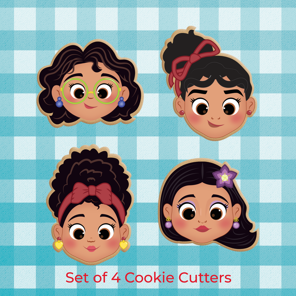 Sugartess custom cookie cutter in shape of the heads of Encanto Madrigal character heads.