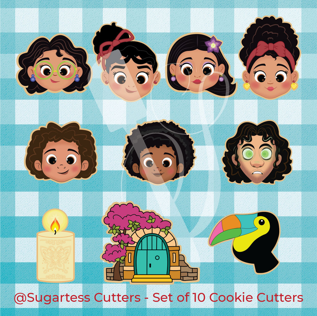 Sugartess custom Encanto-themed cookie cutter set of 12 Madrigal family heads, Casita, burning candle, and toucan bird.