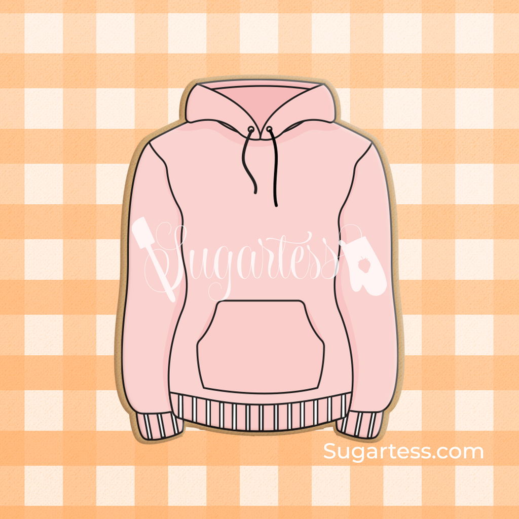 Sugartess custom cookie cutter in shape of a pink fall hoodie sweater for women.