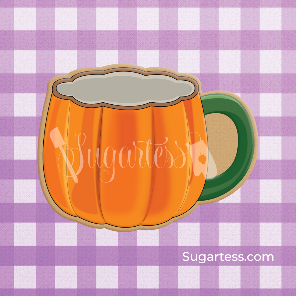 Sugartess custom cookie cutter in shape of a fall pumpkin mug.