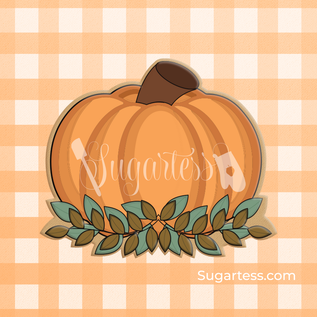 Sugartess fall custom cookie cutter in shape of a wide-shaped pumpkin with greenery on the bottom base.