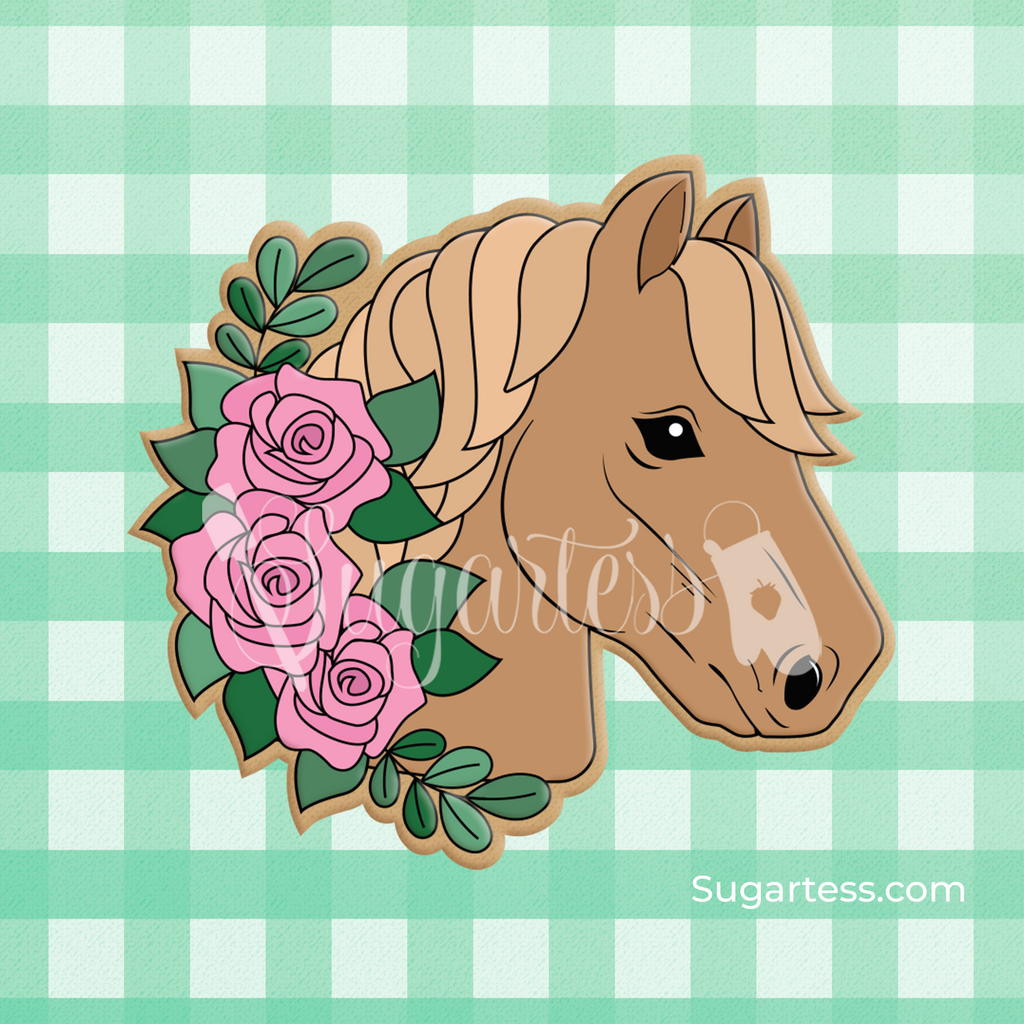 Sugartess custom cookie cutter in shape of a horse's head with a garland of roses and greenery. wreath of roses