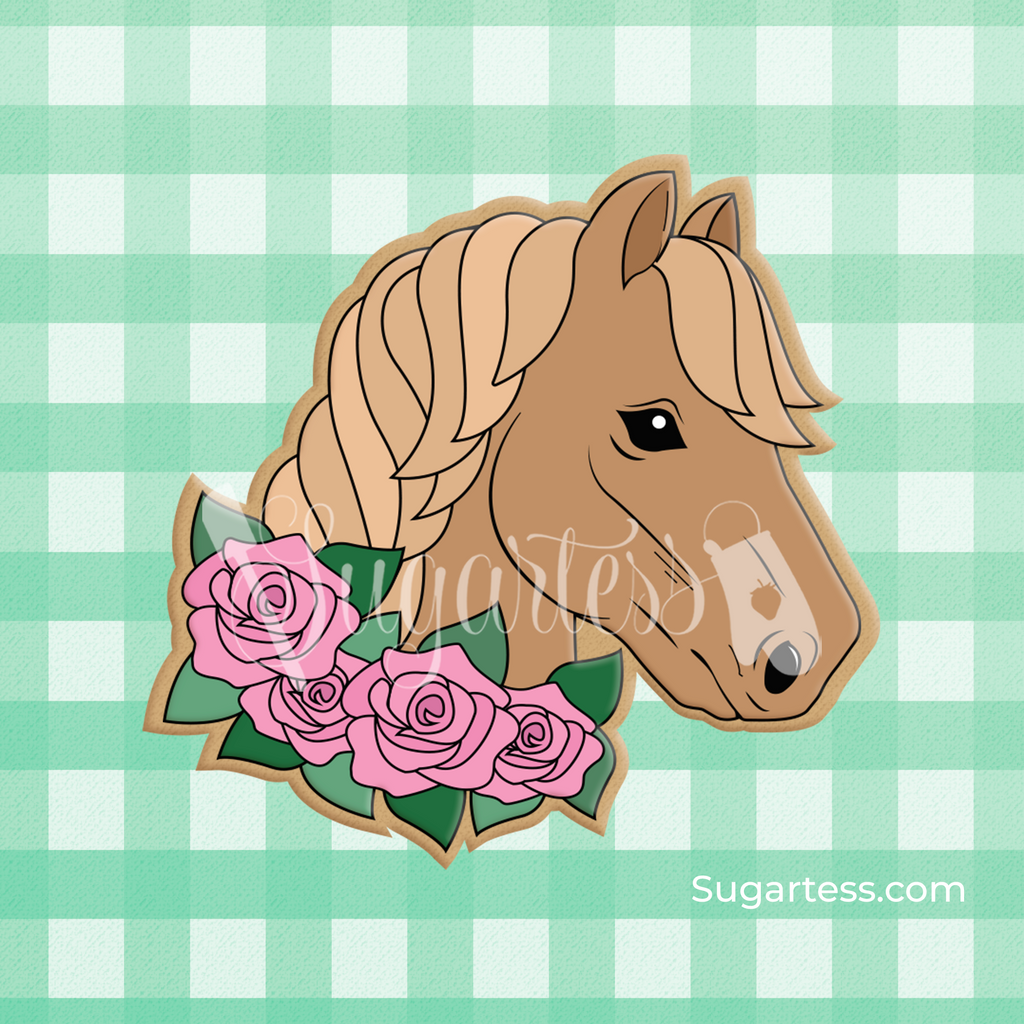 Sugartess custom cookie cutter in shape of a horse head with crown of roses.