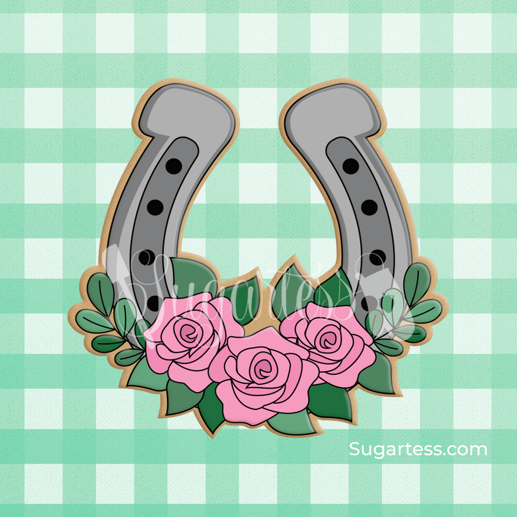 Sugartess custom cookie cutter in shape of floral horseshoe with roses and greenery.