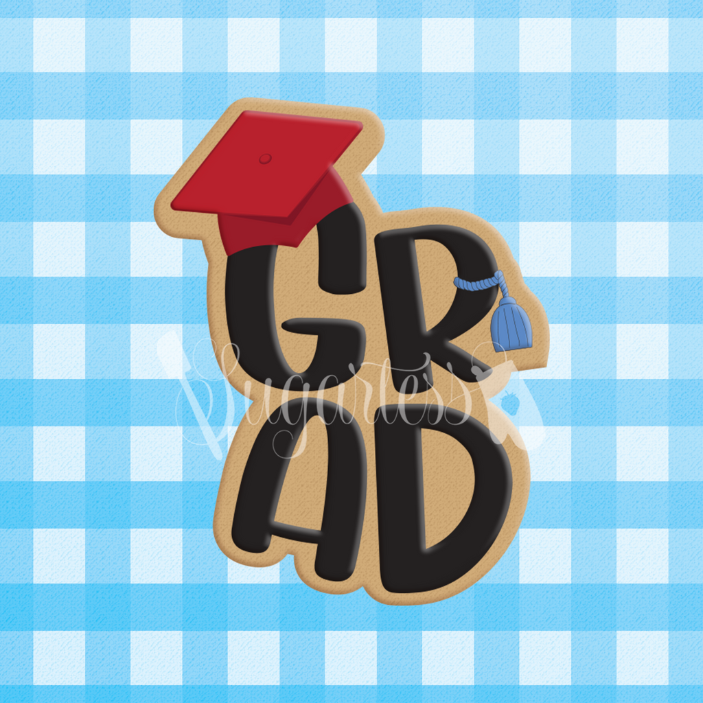 Sugartess custom cookie cutter in the shape of the word GRAD with a red graduation cap on top of the letter "G".