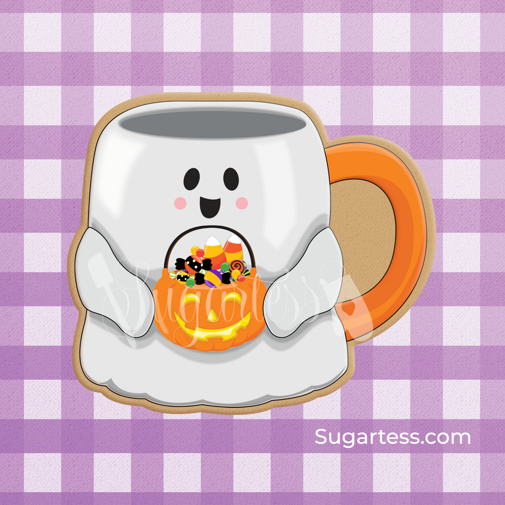 Sugartess custom Halloween mug cookie cutter in shape of a cute ghost holding a pumpkin pail filled with candy.