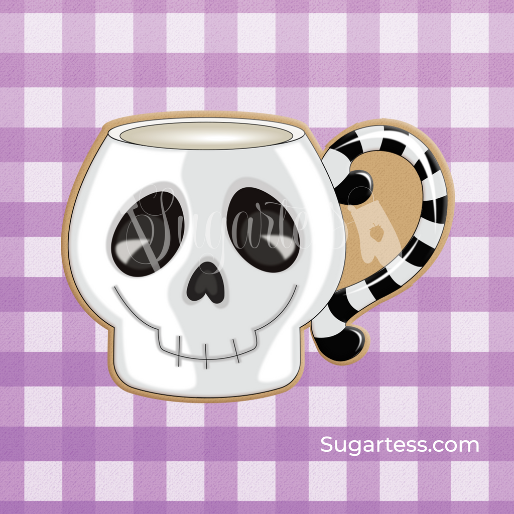 Sugartess custom cookie cutter in shape of a skull mug perfect for Halloween or Day of the Dead.