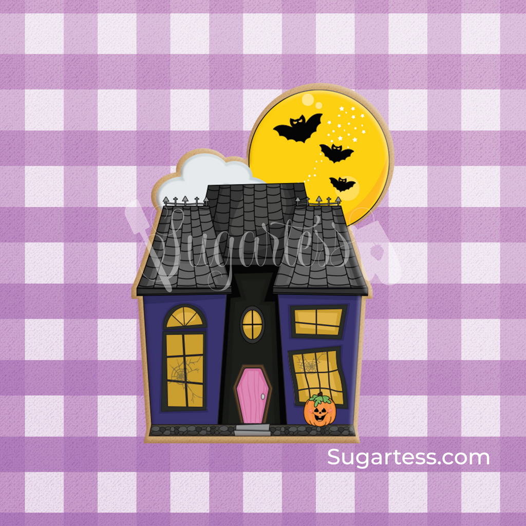 Sugartess custom Halloween cookie cutter in shape of a haunted house with a full moon and big cloud on top.