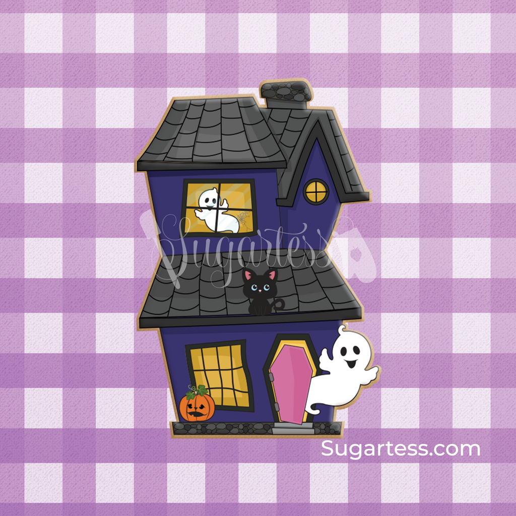 Sugartess custom Halloween cookie cutter set in shape of a 2-level haunted house with ghost coming out the front door.