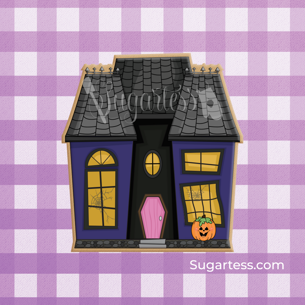 Sugartess custom Halloween cookie cutter in shape of a little haunted house.