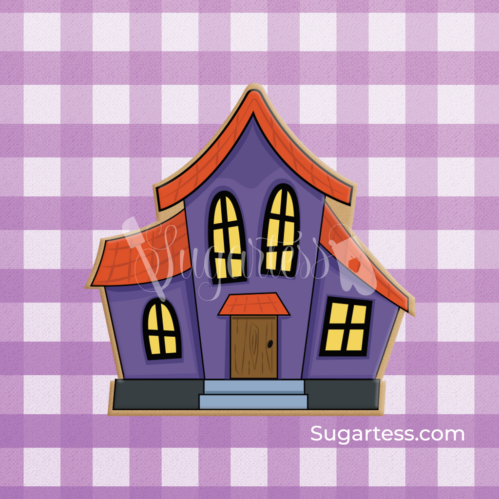 Sugartess custom Halloween cookie cutter in shape of a haunted house.