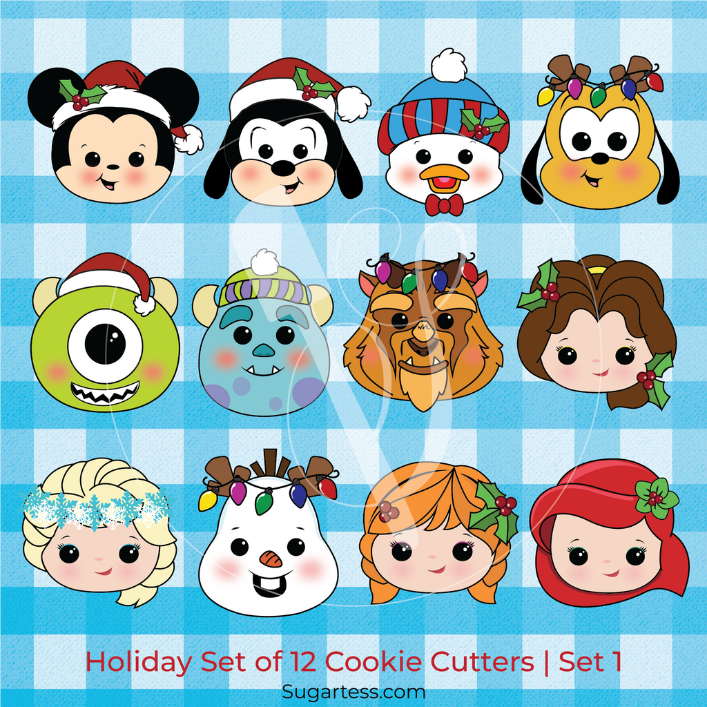 Sugartess Christmas holiday set of 12 cookie cutters in shape of favorite cartoon movie character heads: princesses and pets, monsters, mouse, duck, dog.