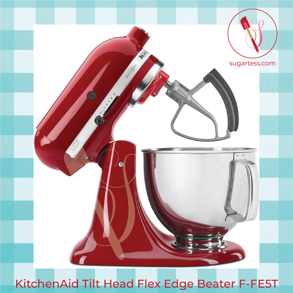 KitchenAid Tilt Head Flex Edge Beater Paddle Attachment Model KFE5T attached to red stand mixer.