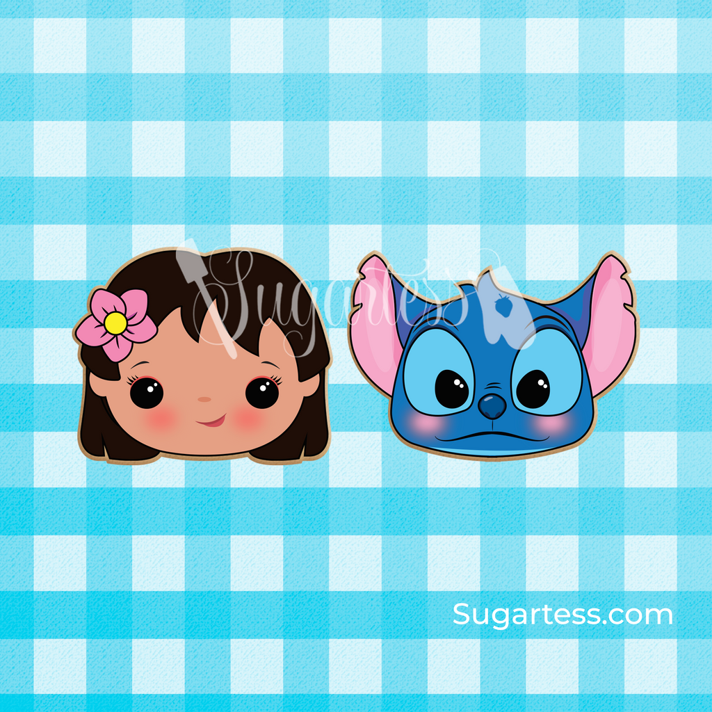 Sugartess custom cookie cutter in shape of cute Lilo and Stitch character heads.
