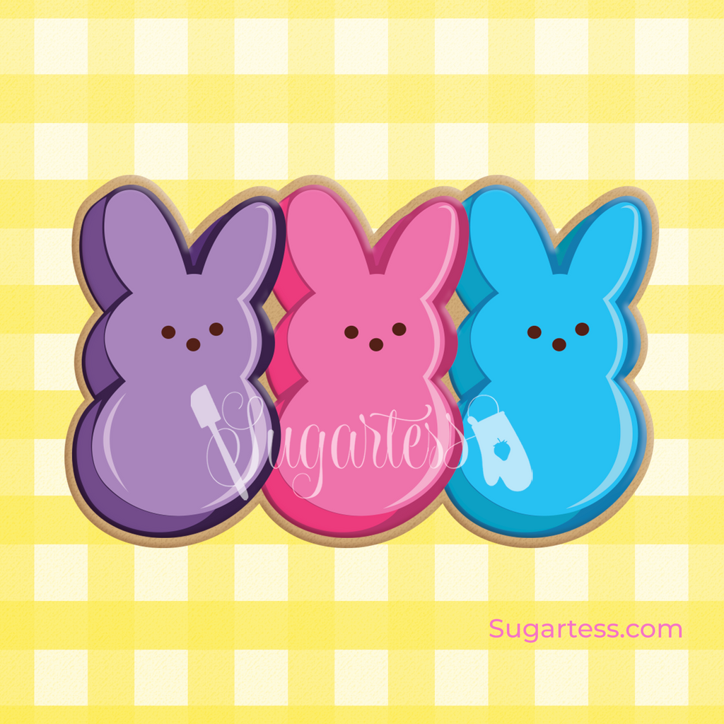 Sugartess custom cookie cutter in shape of a row of 3 multicolor Easter bunny Peeps candy.