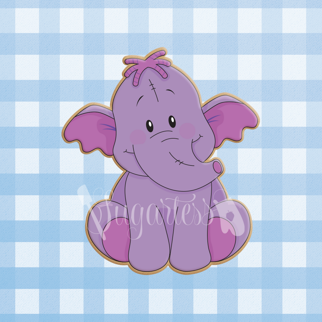 Sugartess custom cookie cutter in shape of sitting Lumpy the baby elephant cartoon character.