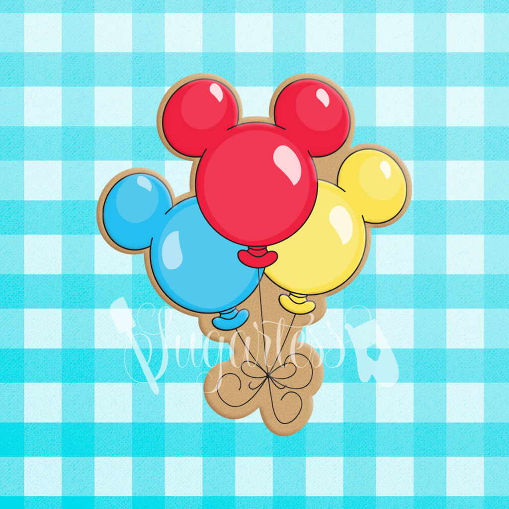Sugartess custom cookie cutter in shape of 3 balloons in shape of cartoon mouse head and ears.