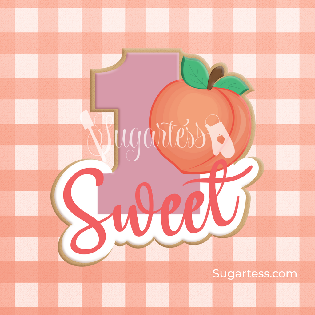 Sugartess custom cookie cutter in shape of number one sweet peach word and number plaque.