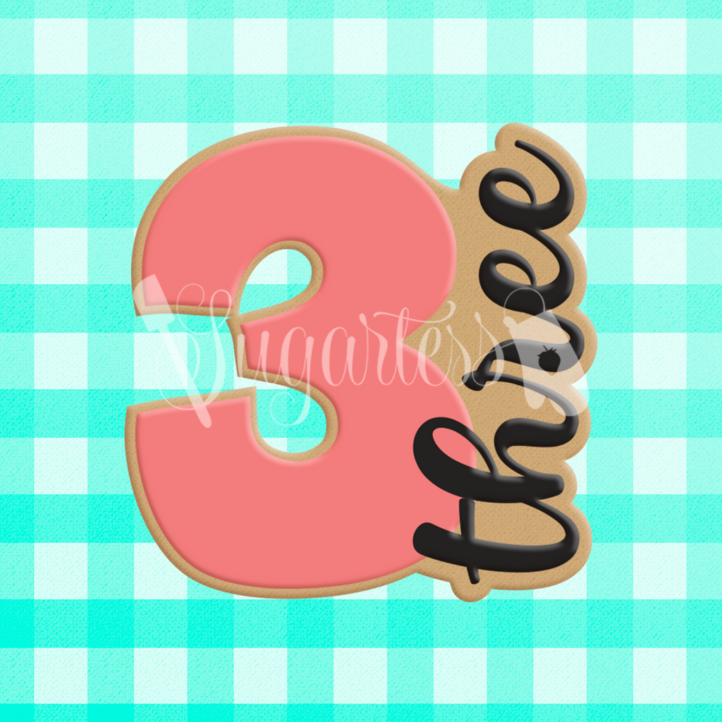 Sugartess custom cookie cutter in shape of number three vertical cursive word.