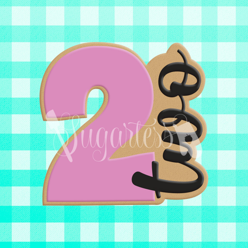 Sugartess custom cookie cutter in shape of number two vertical cursive word.