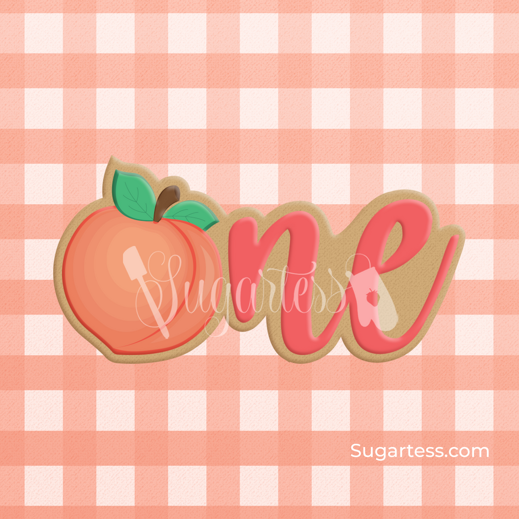 Sugartess custom baby cookie cutter in shape of Peach Number One Word Plaque