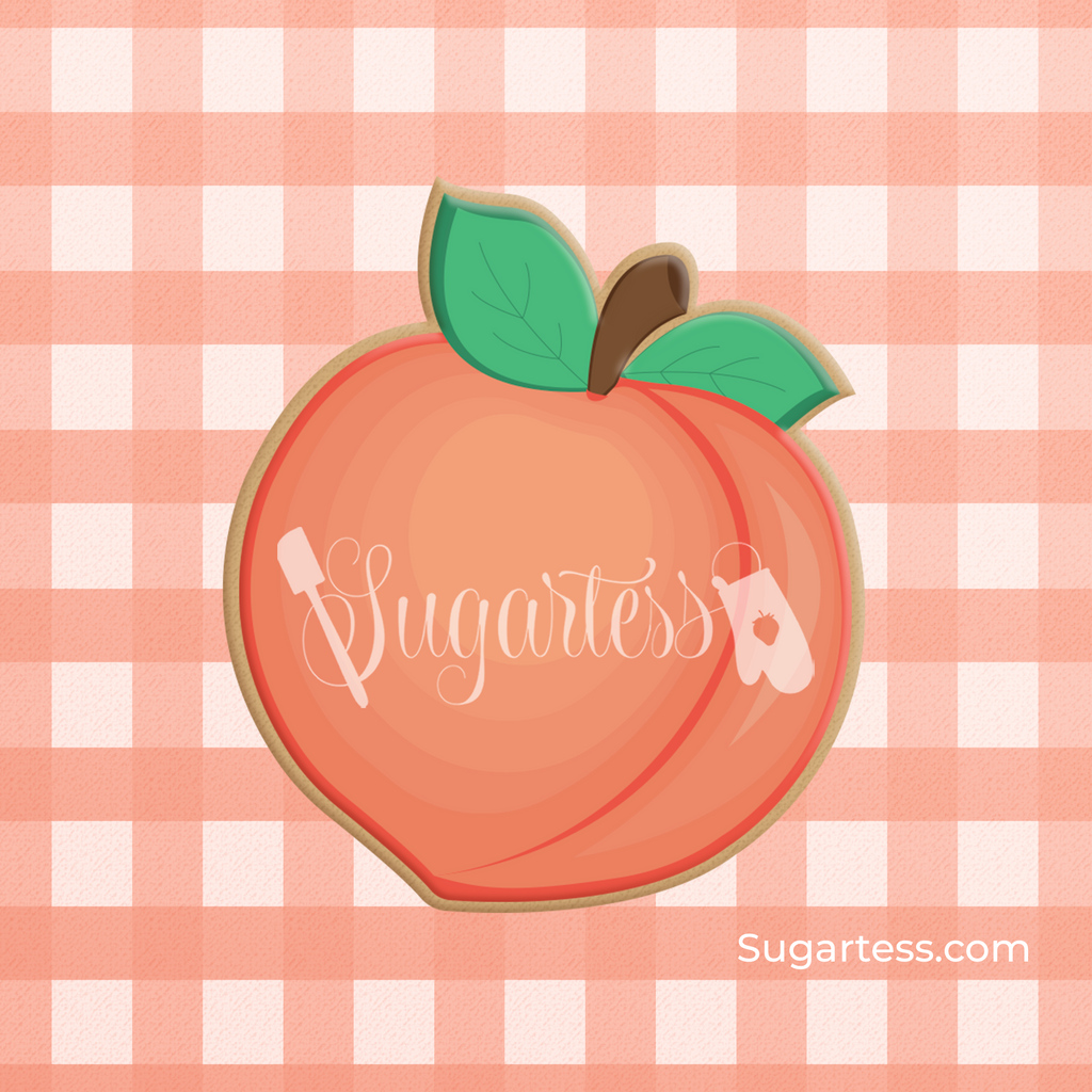 Sugartess custom cookie cutter in shape of a peach fruit.