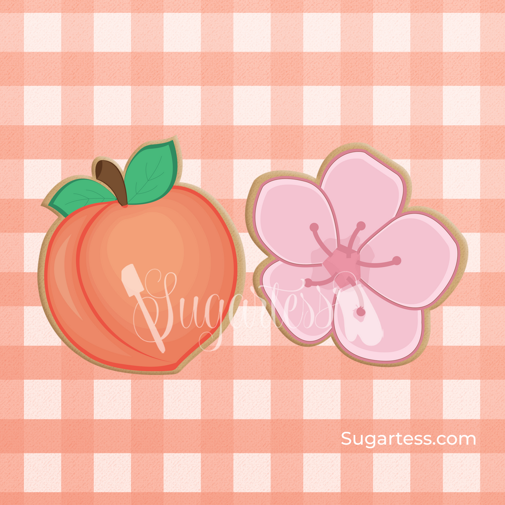 Sugartess custom cookie cutter set of two in shape of a peach fruit and a flower blossom.