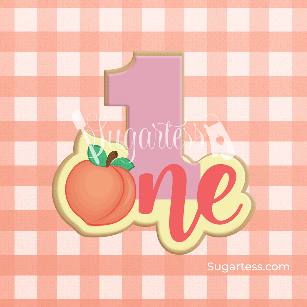 Sugartess custom cookie cutter in shape of a peach-themed number one and matching cookie stencil.