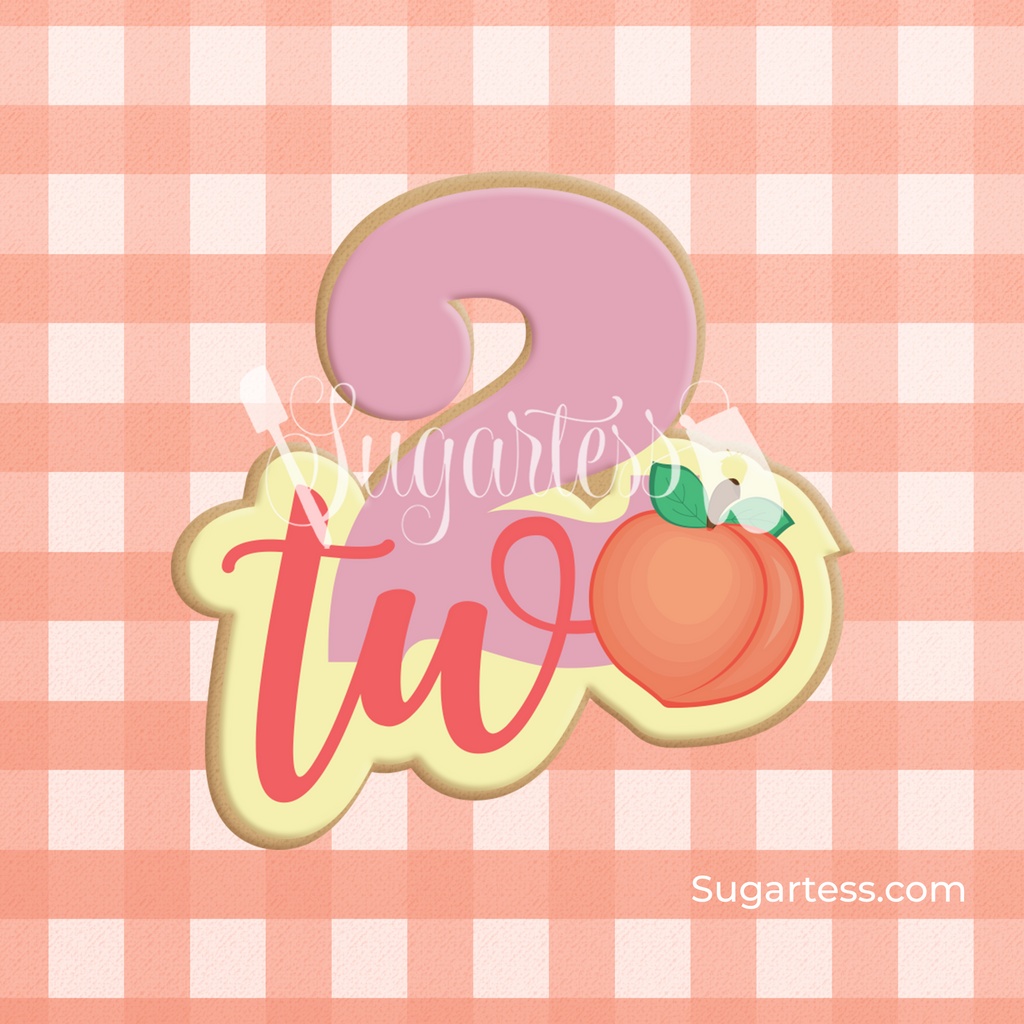 Sugartess custom cookie cutter in shape of a peach-themed number two and matching cookie stencil.